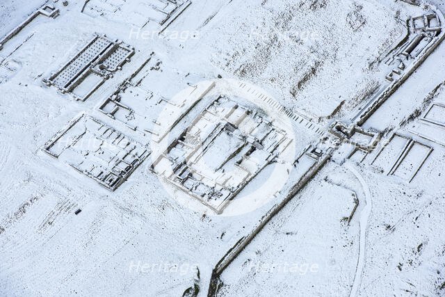 Housesteads or Vircovicium Roman Fort on Hadrian's Wall in the snow, Northumberland, 2018. Creator: Emma Trevarthen.