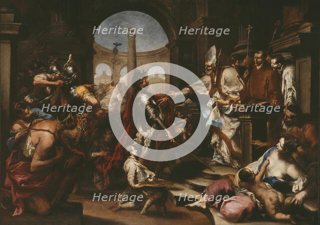 Theodosius Repulsed from the Church by Saint Ambrose, 1700/10. Creator: Alessandro Magnasco.