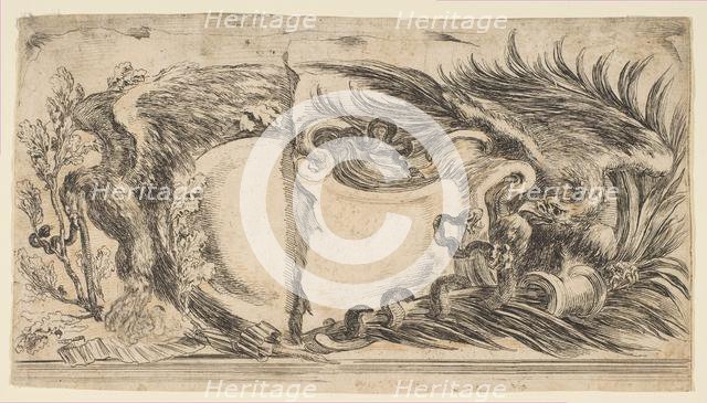 Two Different Halves of Cartouches Each Showing an Eagle Fighting a Serpent, 1646. Creator: Stefano della Bella.