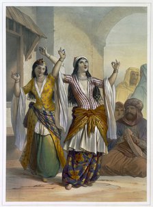 Egyptian dancing girls performing the Ghawazi at Rosetta, Egypt, 1848. Artist: Achille Deveria