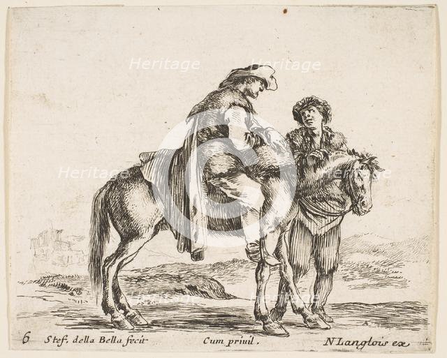 Plate 6: a peasant on horseback in profile facing the right, holding a basket and t..., ca. 1644-47. Creator: Stefano della Bella.