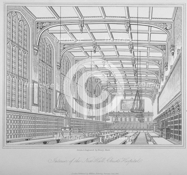 Interior view of the hall, Christ's Hospital, City of London, 1833. Artist: Henry Shaw