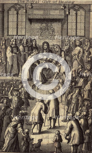 'The Royal Gift of Healing', King Charles II healing the sick, 1684.  Creator: Unknown.