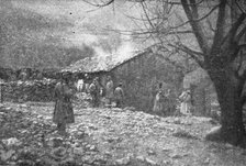 'Episodes de la retraite de la IIIe armee; La masure albanaise ou le vieux roi Pierre..., 1916. Creator: R. Marianovitch.