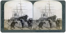 Greeting for newcomers on the pier alongside the Pacific Mail SS 'China', Yokohama, Japan, 1904.Artist: Underwood & Underwood