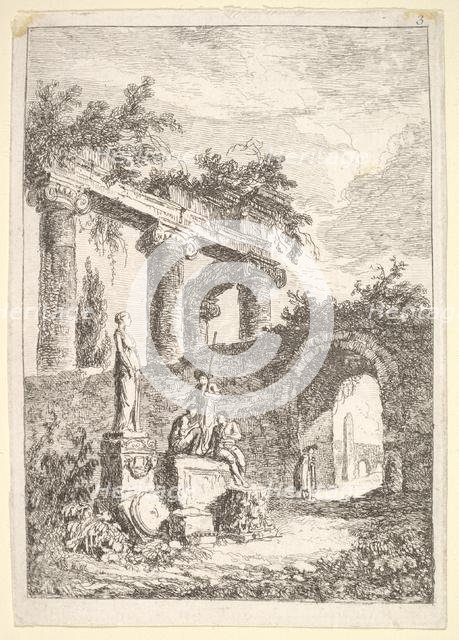 Plate 3: The Statue Before the Ruins: a statue to left next to three figures on a p..., ca. 1763-64. Creator: Hubert Robert.