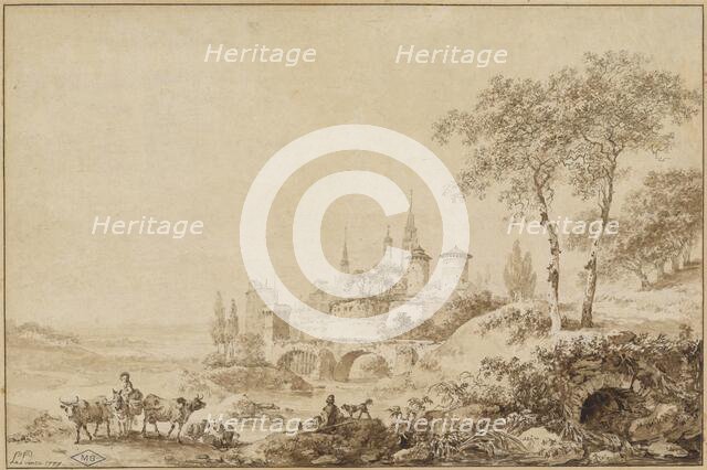 Shepherds in a Landscape before a Fortified Town, 1777. Creator: Jean Baptiste Le Prince.