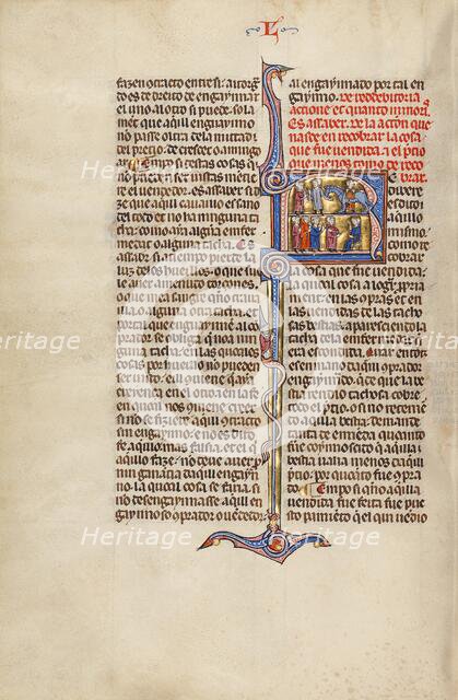 Initial R: Two Men Transacting the Sale of a Horse and Four Men before a Judge, about 1290-1310. Creator: Unknown.