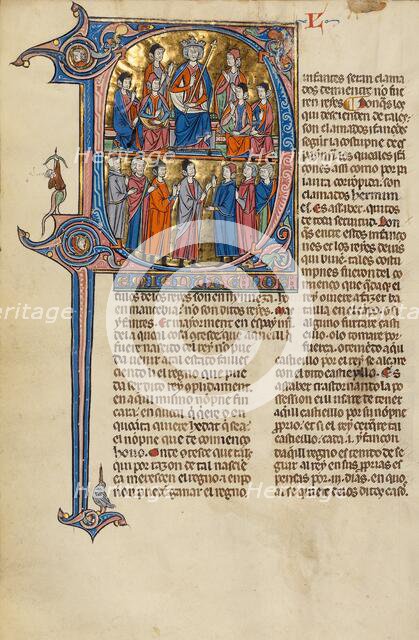 Initial D: A King Enthroned with Nobles and Lay People and Clerics in Conversation, about 1290-1310. Creator: Unknown.