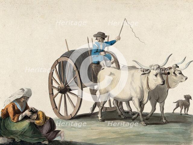 A man driving a cart pulled by two oxen; in the left foreground a woman picks fleas from a boy's hea Creator: Unknown.