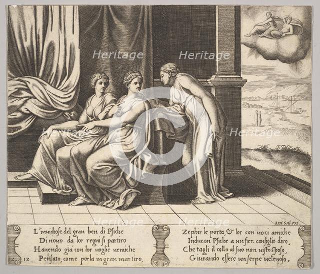 Plate 12: Psyche's sisters persuade her a serpent is sleeping with her, from 'The Fable..., 1530-60. Creator: Master of the Die.