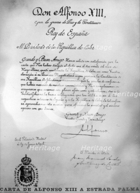 Letter from Alfonso XIII to Tomás Estrada Palma, c1910. Artist: King Alfonso XIII