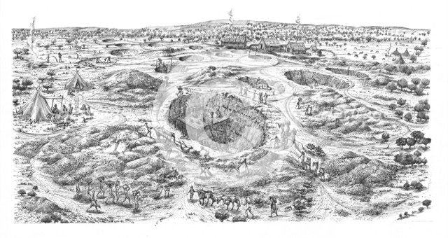 Neolithic flint mine, Easton Down, Wiltshire. Artist: Judith Dobie.