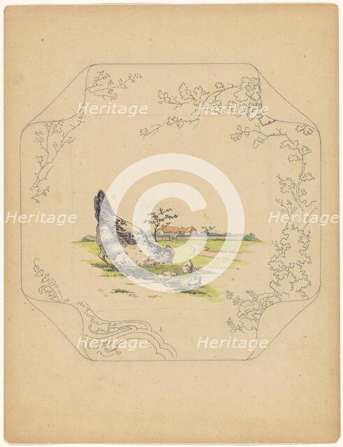 Design for model 'square' board with a hen and three chicks, c.1875-c.1880. Creator: Albert Louis Dammouse.