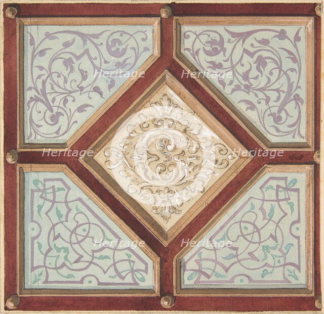Design for a coffered ceiling with alternative decorative patterns, 1840-97. Creators: Jules-Edmond-Charles Lachaise, Eugène-Pierre Gourdet.