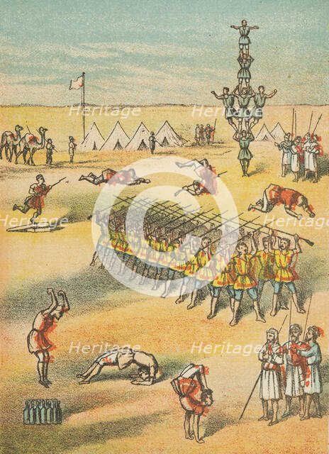Desert scene with acrobats, soldiers, camels and tents, 19th century. Creator: Unknown.