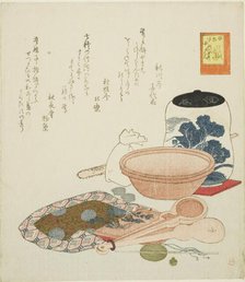 Jar, scales and bowl, no. 6 from the series "The Rabbit's Boastful Exploits (Usagi..., 1819. Creator: Shinsai.
