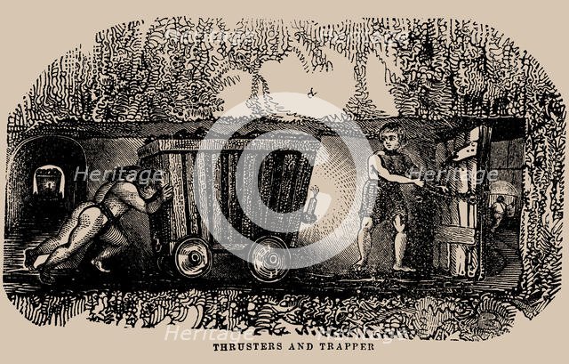Child labour in coal mines: Two thrusters and a trapper in a coal mine, 1854. Creator: Anonymous ().