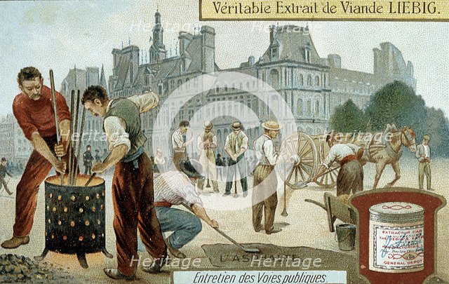 Laying an asphalt-based surface in a Paris street, c1900. Artist: Unknown