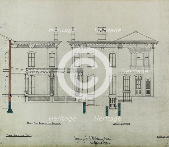Joseph H. Lathrop House Addition, Elmhurst, Illinois, Elevations and Section, c. 1870. Creator: Bauer & Loebnitz.