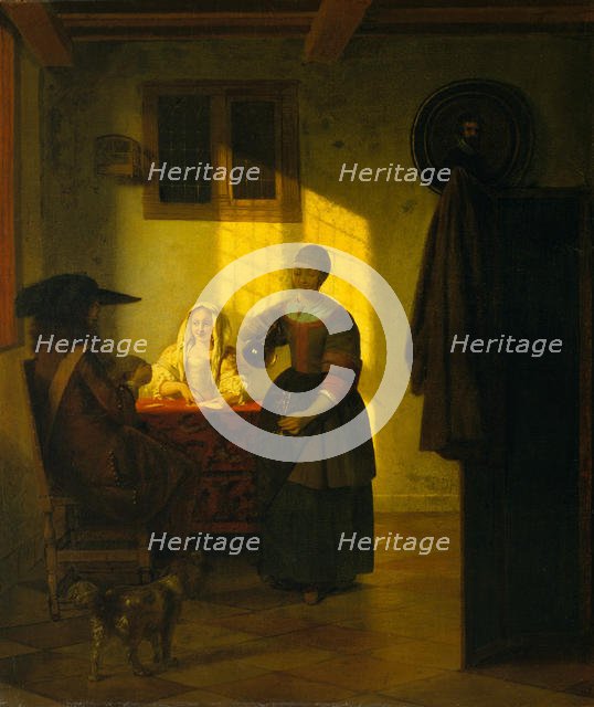 A Couple Playing Cards, with a Serving Woman, ca. 1665-75. Creator: Pieter de Hooch.