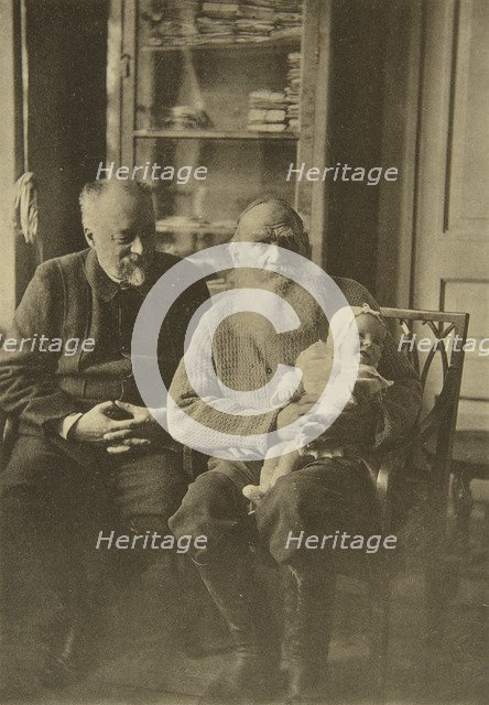 Russian author Leo Tolstoy with his son-in-law and granddaughter, Russia, c1905-c1906. Artist: Sophia Tolstaya