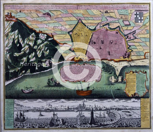 Coloured plan of the walled city of Barcelona seen from the sea, 1740. Creator: Seutter, Georg Matthew (1678-1757).