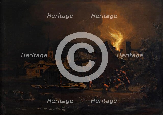 Village Fire by Night, 1654-1664. Creator: Egbert van der Poel.