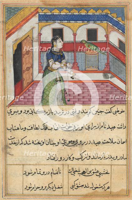 Page from Tales of a Parrot (Tuti-nama): Forty-second night: The parrot addresses..., c. 1560. Creator: Unknown.