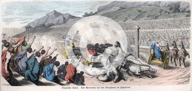 Ancient History. Greece. Athletic competitions, chariot race at the racetrack. German engraving, …