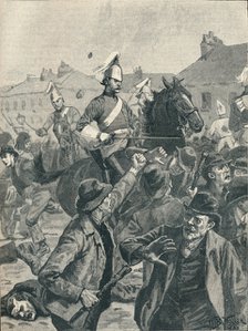 Dragoons and Highlanders scattering  rioters in Belfast, 1872 (1906).  Artist: Unknown.