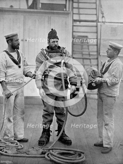A diver from the battleship HMS 'Camperdown' in his diver's dress, 1896. Artist: Gregory & Co