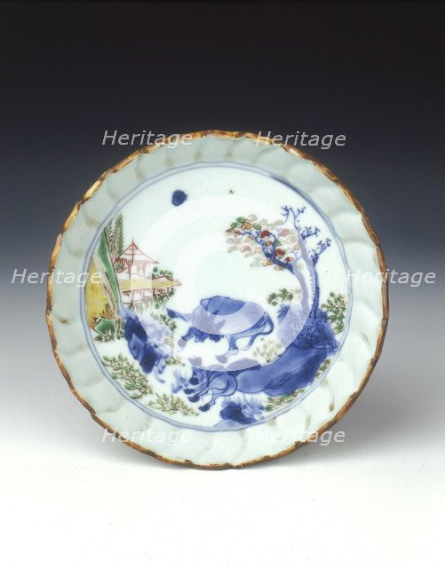 Polychrome saucer dish with cow and donkey, late Ming dynasty, Chongzhen period, China, 1630-1644. Artist: Unknown