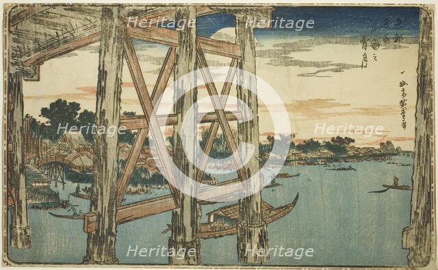 Twilight Moon at the Ryogoku Bridge (Ryogoku no yoizuki), from the series "Famous Views..., c. 1831. Creator: Ando Hiroshige.
