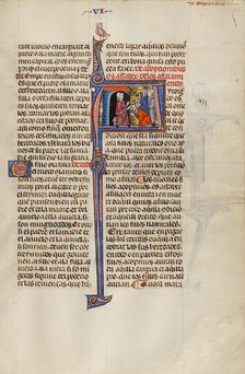 Initial A: A Man Placing his Hand on the Head of a Kneeling Man; Vidal Mayor, about 1290-1310. Creator: Unknown.