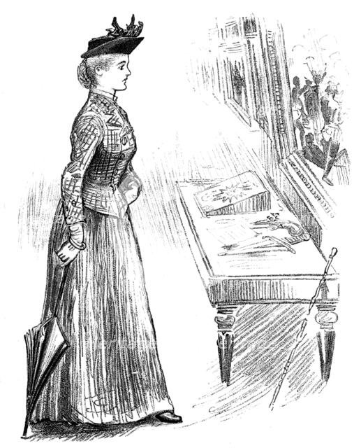 Sketches at the Royal Military Exhibition: looking at a battle picture, 1890. Creator: Unknown.