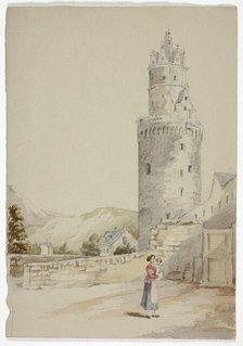 Woman and Child before Walled Town with Tower, n.d. Creator: Elizabeth Murray.