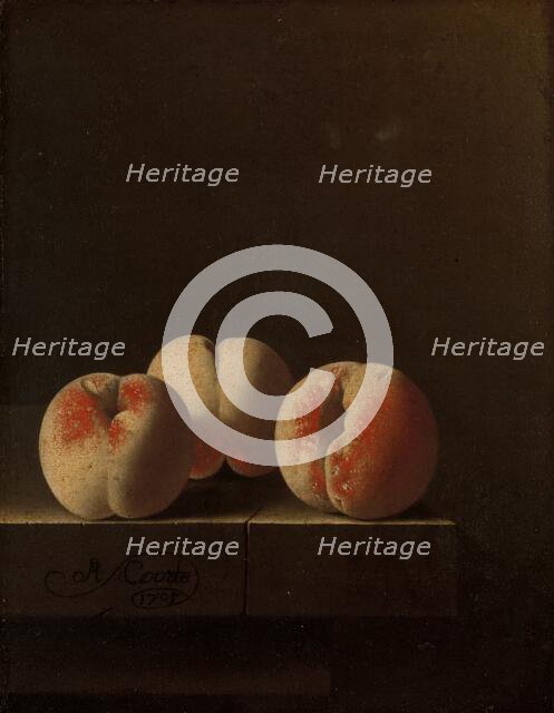Three Peaches on a Stone Plinth, 1705. Creator: Adriaen Coorte.