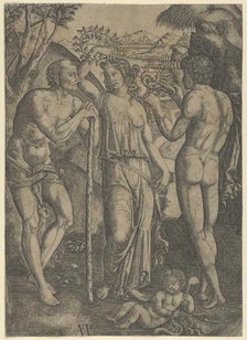 An allegorical scene; a young woman at centre holding a wreath above her head, at l..., ca. 1515-27. Creator: Marcantonio Raimondi.