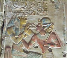 Pharaoh Seti I (on right) with the Goddess Hathor, ca 1290 BC. Creator: Ancient Egypt.