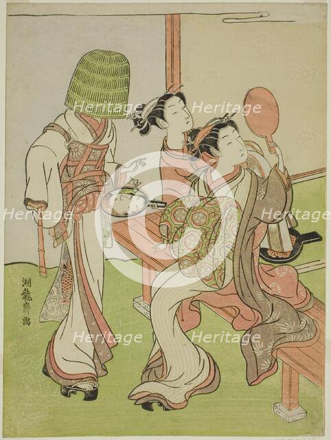 A Courtesan and Her Attendant Using Mirrors to Identify a Mendicant Monk, c. 1772. Creator: Isoda Koryusai.