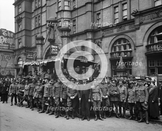 Australian soldiers outside the Union Jack Club, 91A Waterloo Road, Lambeth, London, June 1915. Artist: H Bedford Lemere.