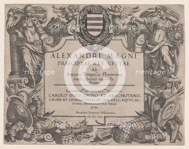 Frontispiece to the life of Alexander the Great, at left is Bellona and at right a female ..., 1608. Creator: Antonio Tempesta.