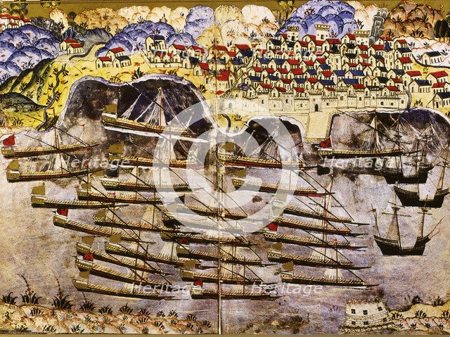Barbarossa's fleet wintering in the French harbour of Toulon, 1543, Mid of 16th century. Artist: Nasuh, Matrakci (1480-c. 1564)