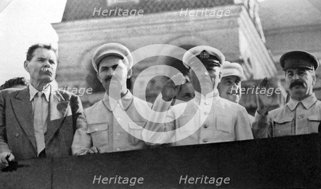 Senior Soviet figures on the tribune of Lenin's mausoleum, Red Square, Moscow, USSR, 1931. Artist: Anon