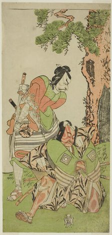 The Actors Ichikawa Danzo III as I no Hayata Tadazumi (right), and Matsumoto Koshiro II..., c. 1770. Creator: Shunsho.