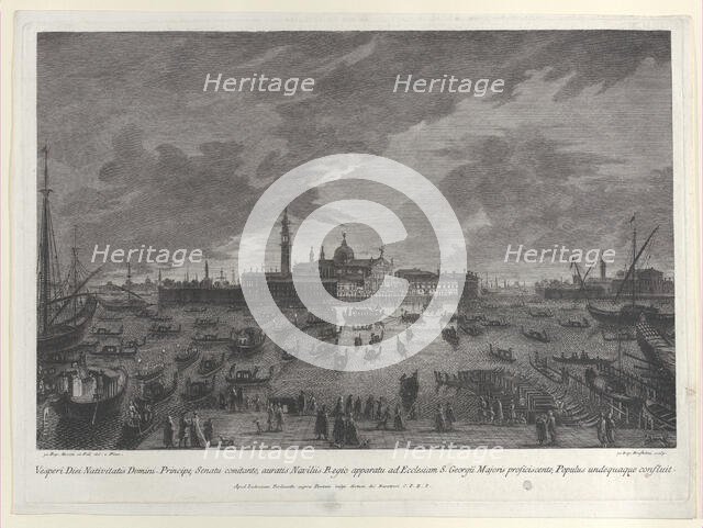 Nocturnal view of the procession on Christmas Eve of the Doge and Venetian Senate to San G..., 1763. Creator: Giovanni Battista Brostoloni.