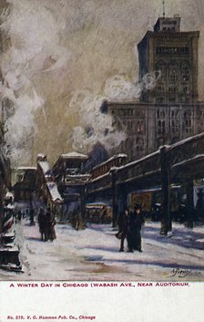 'A Winter Day in Chicago (Wabash Avenue near Auditorium)', postcard, 1911. Artist: Unknown