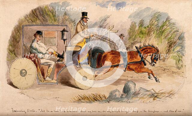 A doctor changing into hunting clothes in his carriage, on his way to a hunt meeting, 1859. Creator: John Leech.