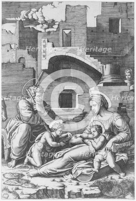 The 'Virgin with the long thigh' sitting with the Christ Child, St John the Baptist..., ca. 1518-19. Creator: Marcantonio Raimondi.
